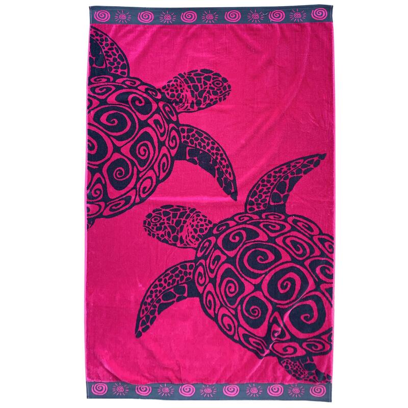 Serviette de plage Tortue Fuchsia 100% coton éponge jacquard