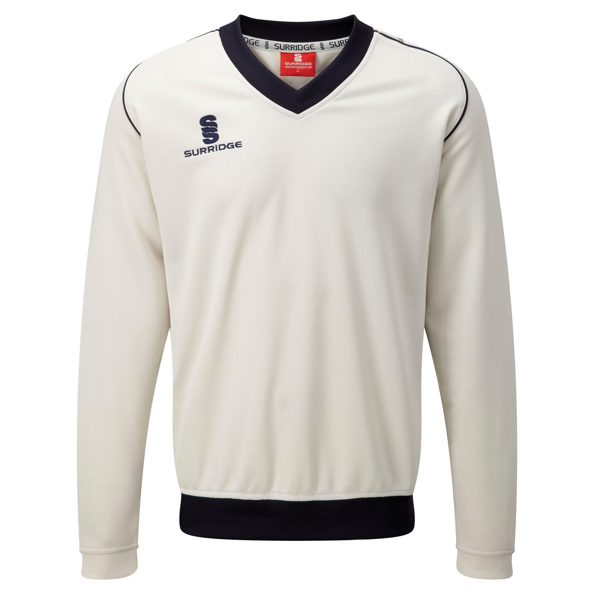 SURRIDGE Boys Junior Fleece Lined Sweater Sports / Cricket (White/ Navy trim)