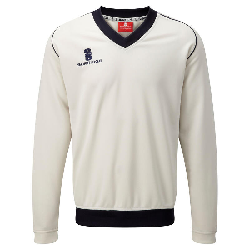 Boys Junior Fleece Lined Sweater Sports / Cricket (White/ Navy trim)