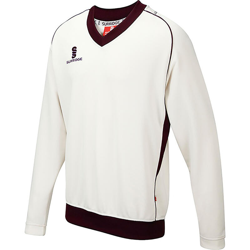 Boys Junior Fleece Lined Sweater Sports / Cricket (White/ Maroon trim)