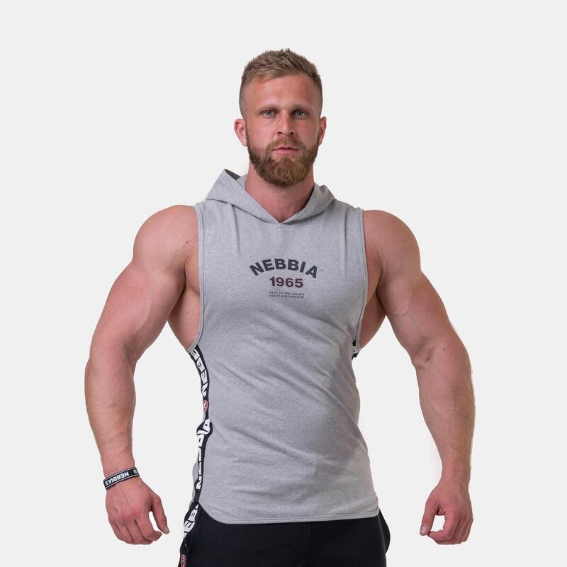 Koszulka fitness bez rękawów męska Nebbia z kapturem Grey