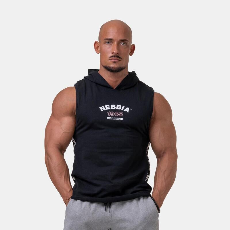 Koszulka fitness bez rękawów męska Nebbia Black z kapturem