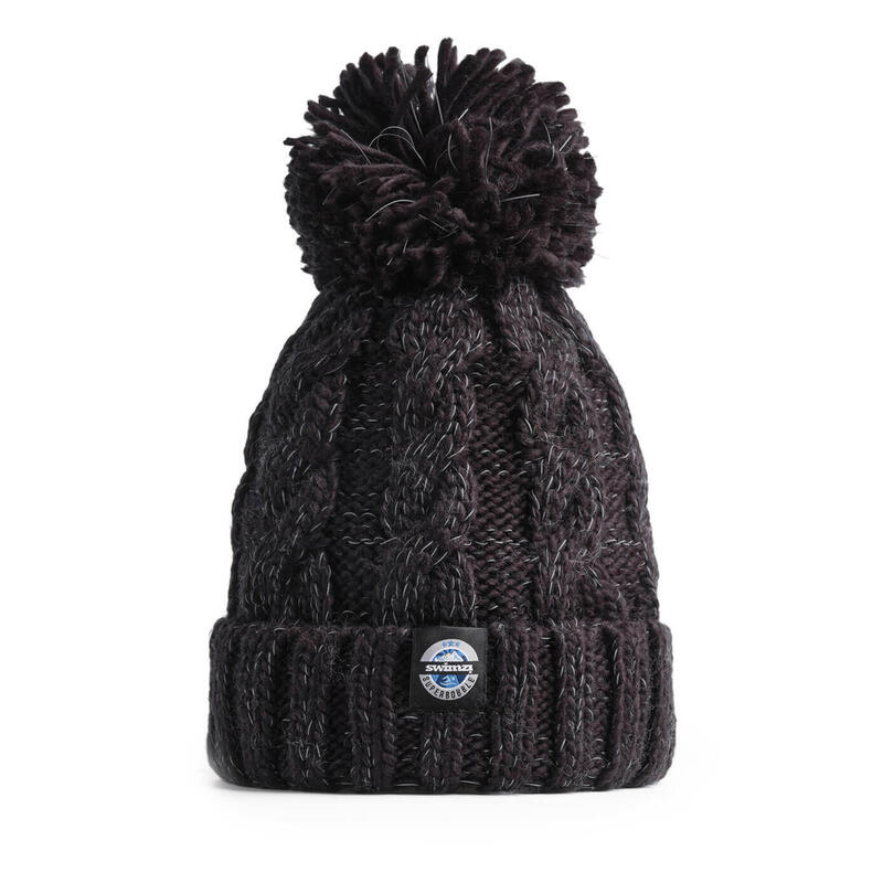 Jet Black Cable Knit Reflective Super Bobble Hat