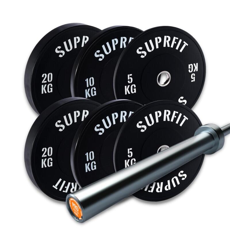 Bumper Plates White Logo Set, 70 kg Set Pro Training Bar - 15 kg Suprfit Econ