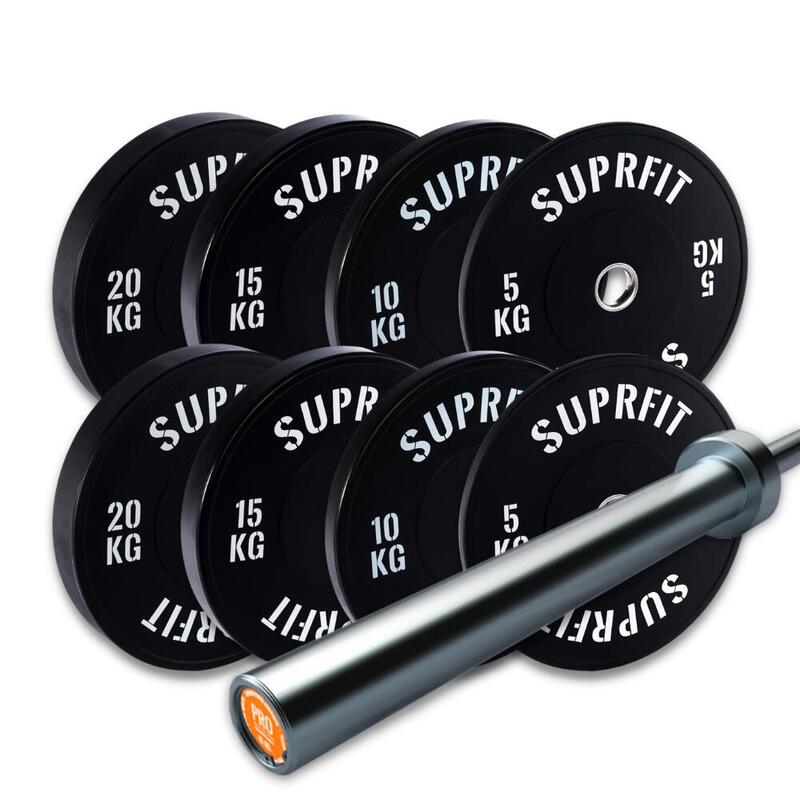 Suprfit Econ Bumper Plates White Logo Set 100 kg, Pro Training Bar 15 kg