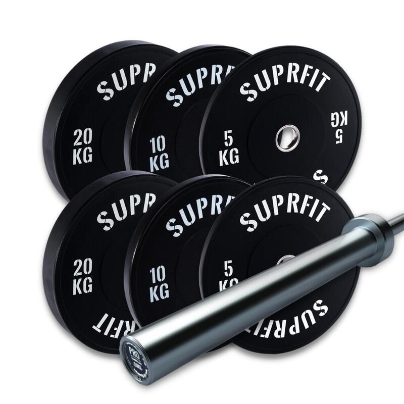 Bumper Plates White Logo Set, 70 kg Set Pro Training Bar - 20 kg Suprfit Econ