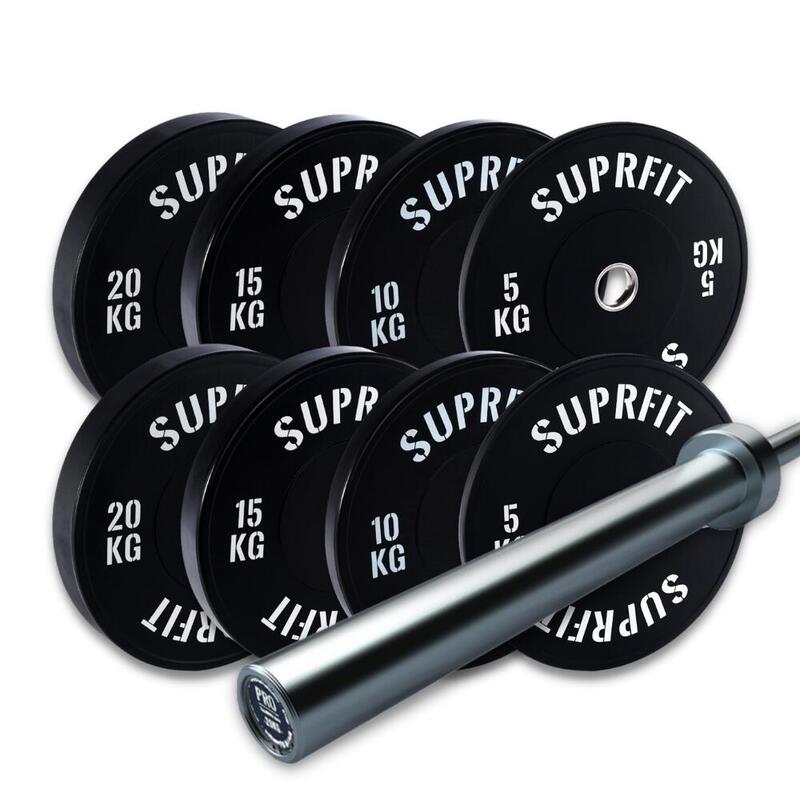 Suprfit Econ Bumper Plates Wit Logo Set, 100 kg Set Pro Training Bar - 20 kg