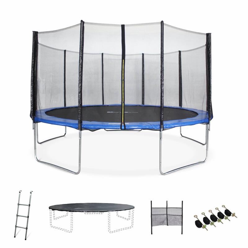 Trampoline 460cm - Neptune XXL bleu et filet, échelle, bâche, filet chaussures,