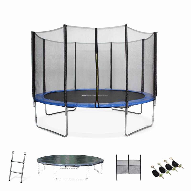 Trampoline 370cm - Saturne XXL bleu, filet, échelle, bâche, filet chaussures,