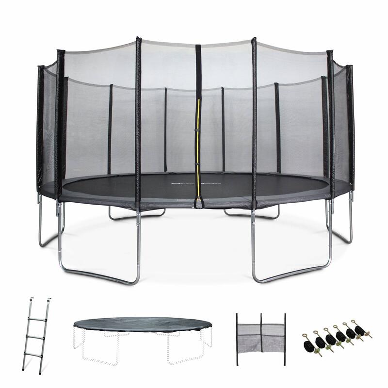 Trampoline 490cm - Jupiter XXL gris et filet, échelle, bâche, filet chaussures,