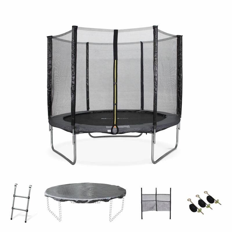 Trampoline 245cm - Pluton XXL gris avec filet, échelle, bâche, filet