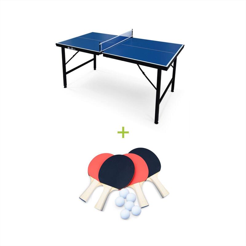 Mini table de ping pong pliable 150x75cm INDOOR bleue, avec 4 raquettes et 6