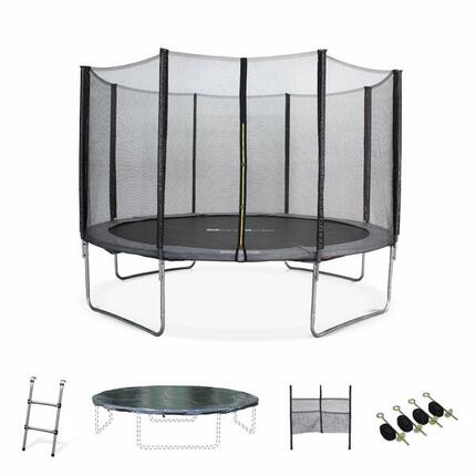 Trampoline 370cm gris, filet, échelle, bâche | sweeek