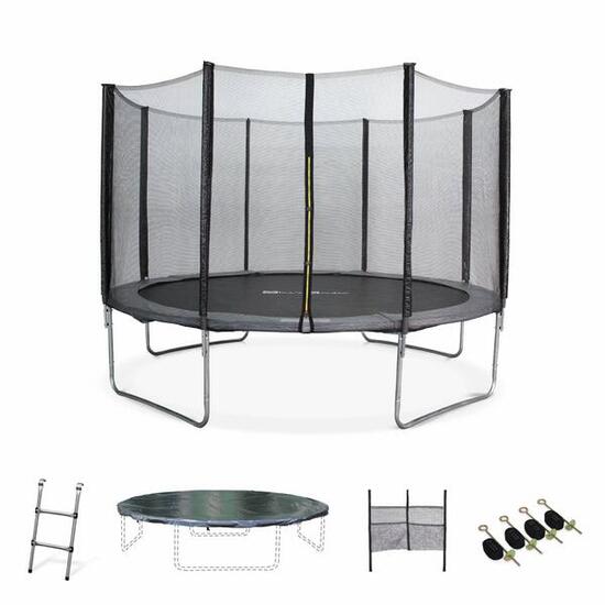 Trampoline 370cm gris, filet, échelle, bâche | sweeek