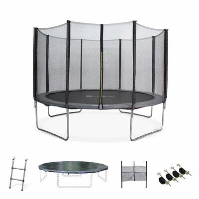 Trampolino 370cm con pacchetto di accessori. Grigio