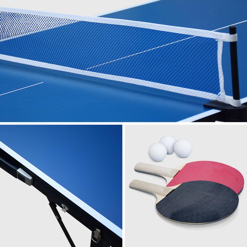 Mini table de ping pong pliable 150x75cm INDOOR bleue, avec 4 raquettes et 6