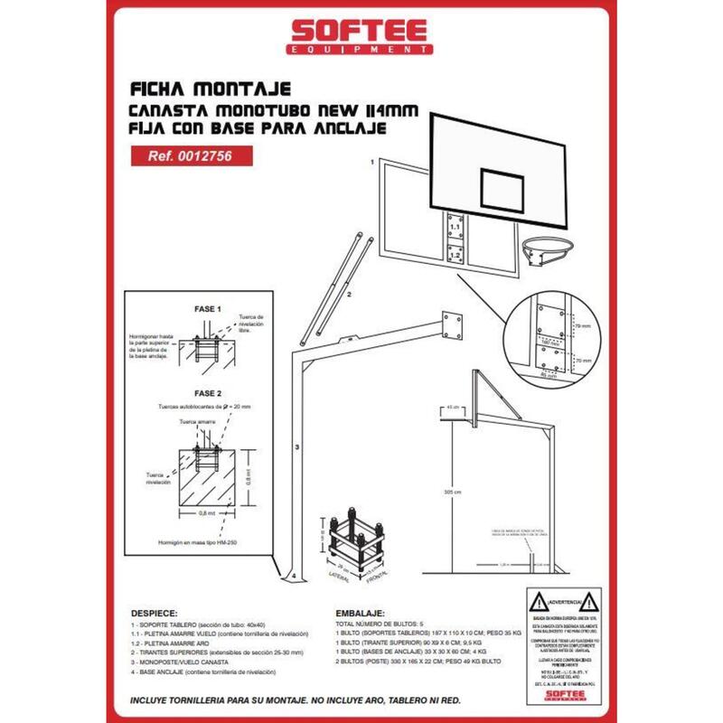 JUEGO CANASTAS BALONCESTO MONOTUBO TUBO 114 MM FIJAS -SIN TABLERO, NI ARO-