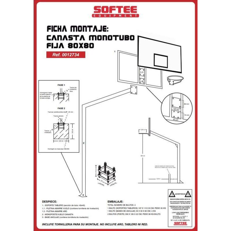 JGO CANASTAS BALONCESTO MONOTUBO FIJAS - BASE PARA ANCLAJE -SIN TABLERO -NI ARO