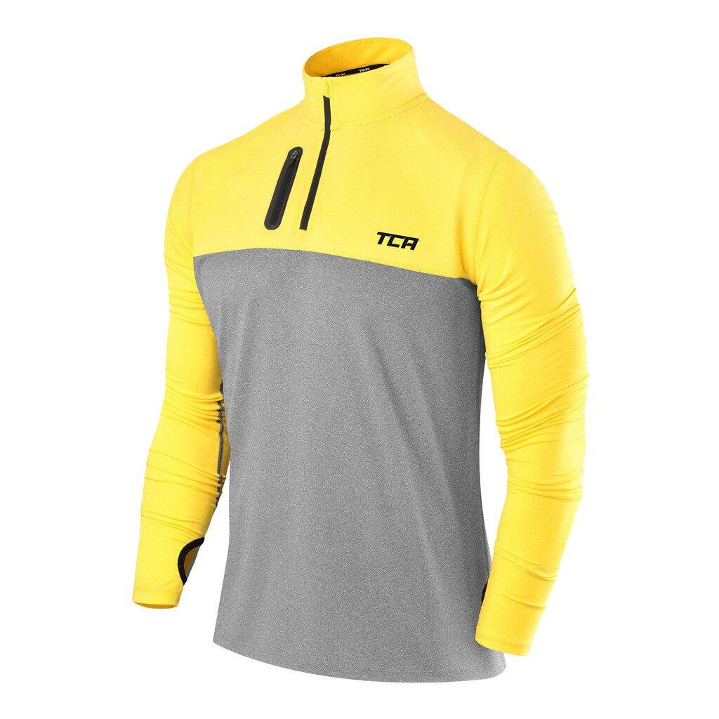 TCA Men's Fusion Long Sleeve Half Zip Running Gym Top - Grey/Cyber Yellow
