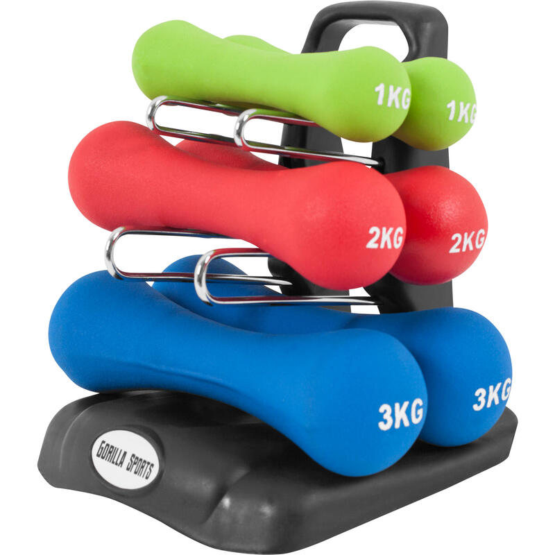 Gorilla Sports Halterset - Ergonomisch Neopreen - 12 kg - Inclusief standaard