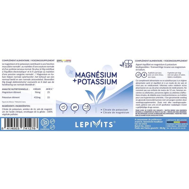 Magnesium + kalium - Normale spierfunctie - 120 veganistische capsules