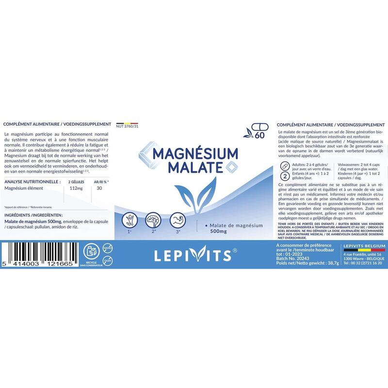 Magnésium malate - Energie & stress - 60 gélules vegan