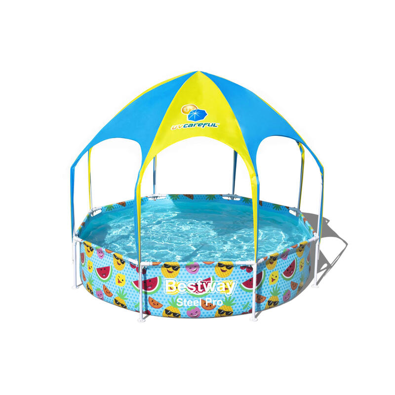 Piscine hors sol avec parasol et brumisateur intégré