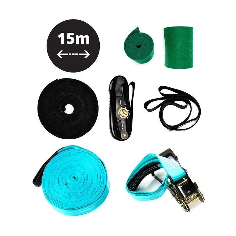 Slackline 15m Learning Kit: 2 Slacklines + Ratels, Strap, Bescherming, Tas