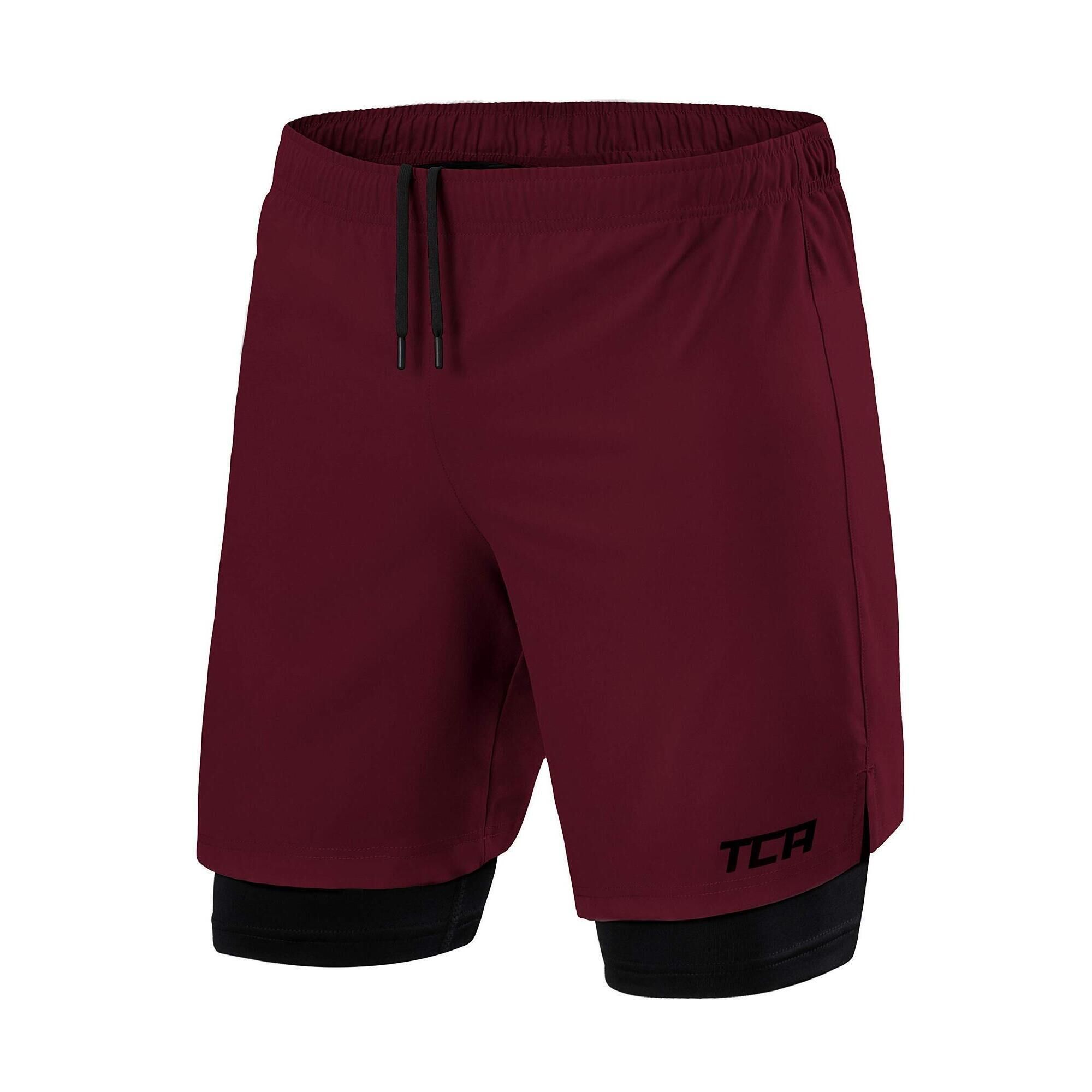 TCA Men's Ultra 2-in-1 Running Shorts with Key Pocket - Cabernet / Black