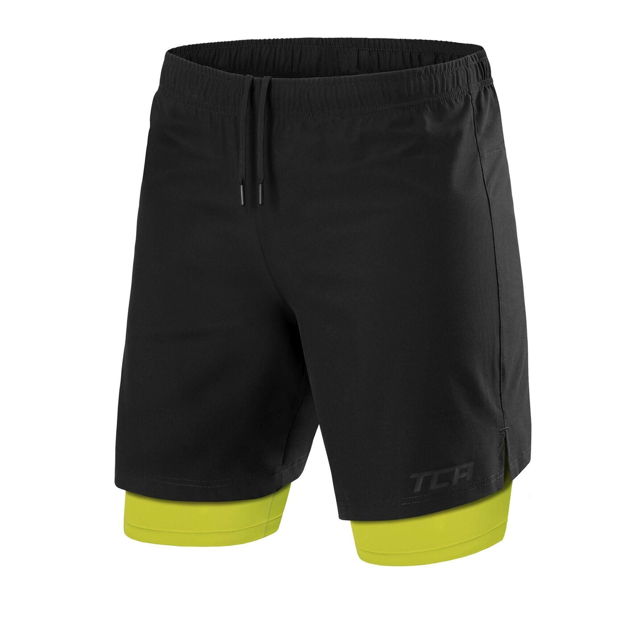TCA Men's Ultra 2-in-1 Running Shorts with Key Pocket - Black / Lime Punch