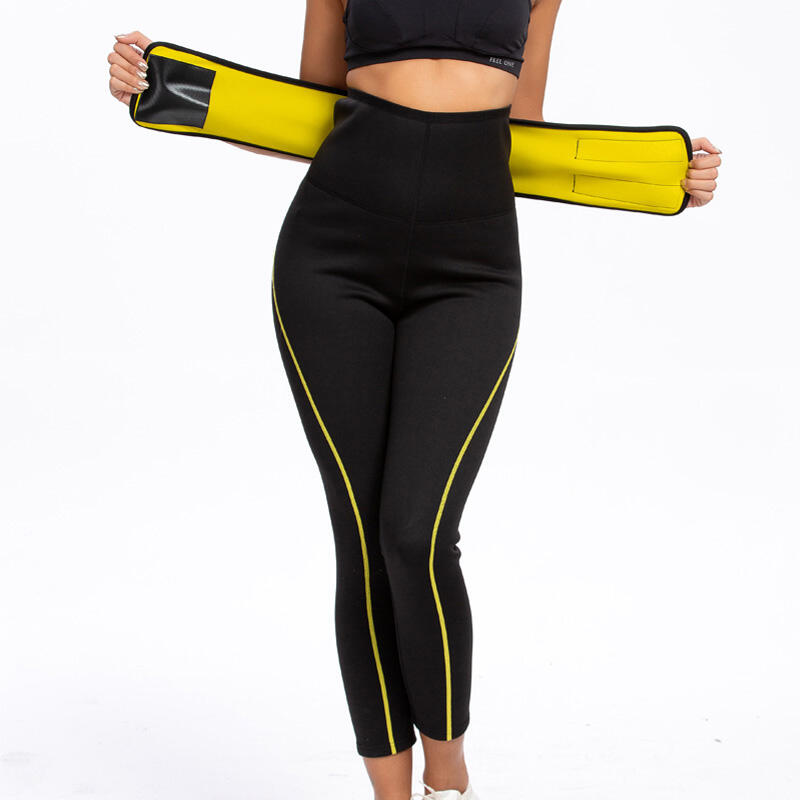 Pantaloni Fitness cu centura incorporata pentru slabit femei,  Negru, Neopren
