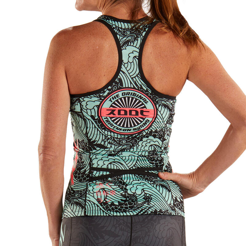 Camiseta Triatlon Sin mangas Mujer ZOOT RACERBACK Tokio Turquesa Estampada