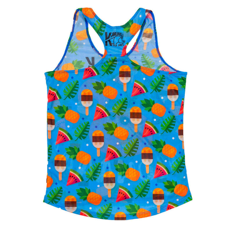 CAMISETA DE RUNNING #PINEAPPLE para MUJER - KAMUABU color azul de tirantes