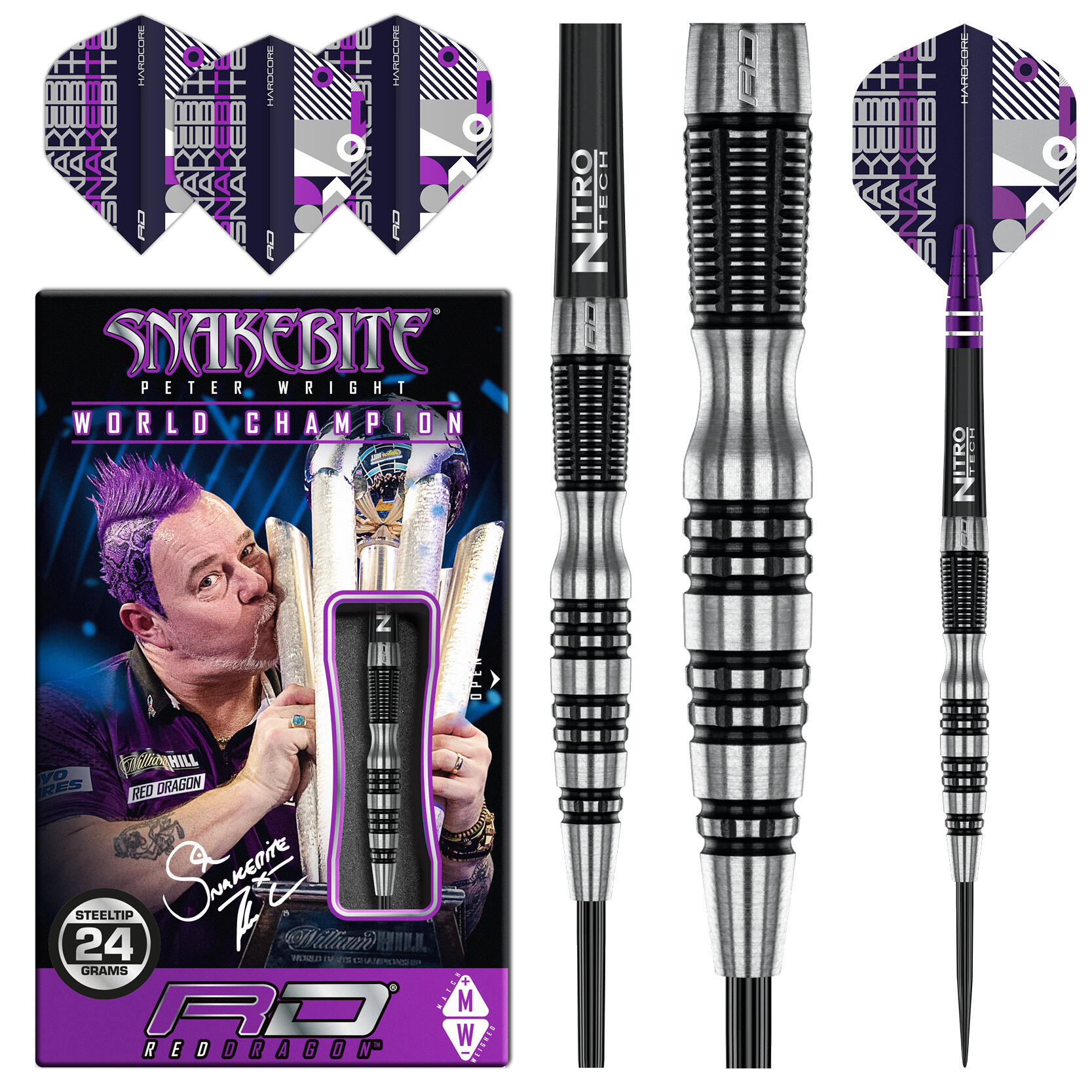 RED DRAGON DARTS Peter Wright Snakebite Black Racer 24g Tungsten Darts Set with Flights & Shafts