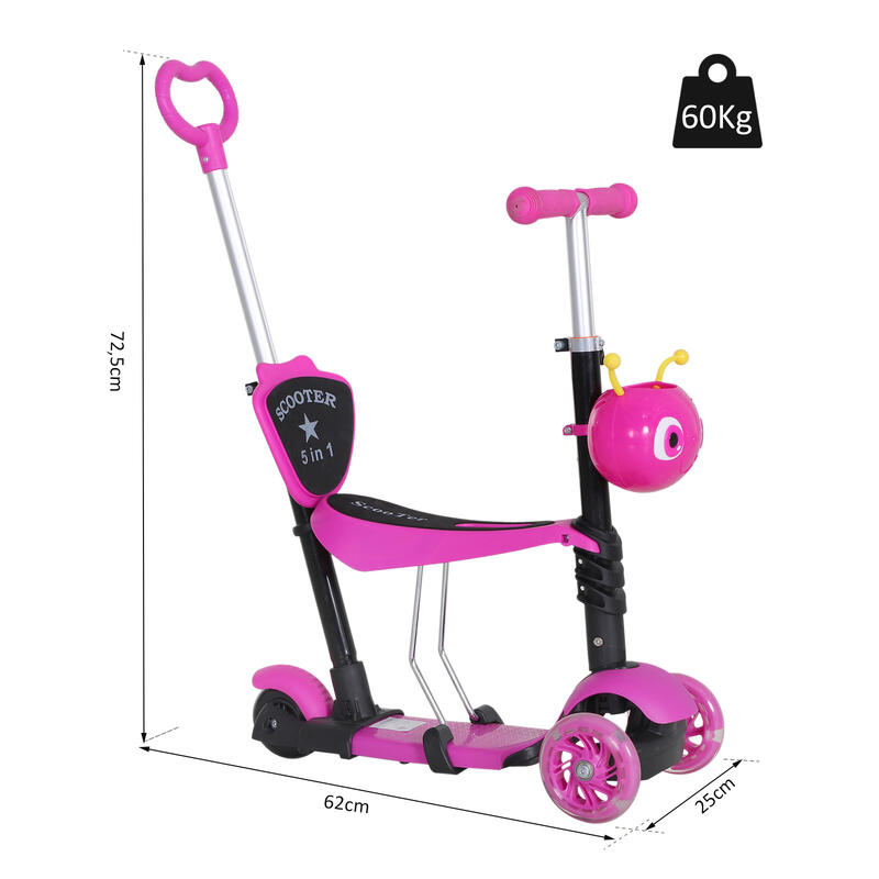 Patinete para niños Homcom rosa 62x25x72,5 cm aleación de aluminio PP