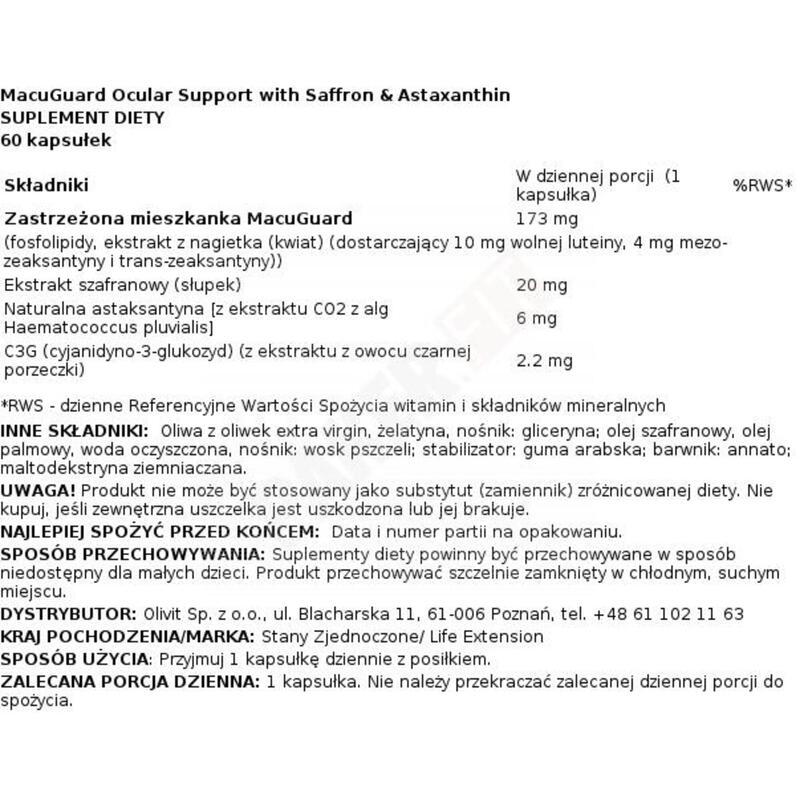 Life Extension MacuGuard Ocular Support with Saffron & Astaxanthin 60 softgels