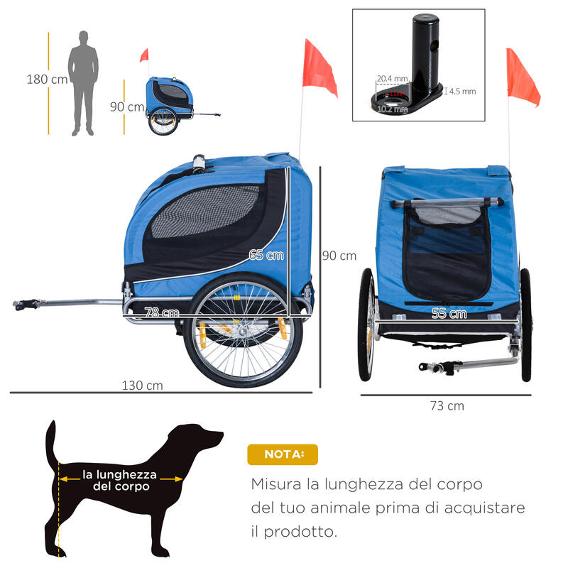 PawHut Carrello per Cani Rimorchio Bici in Acciaio e Tessuto Oxford Blu e Nero