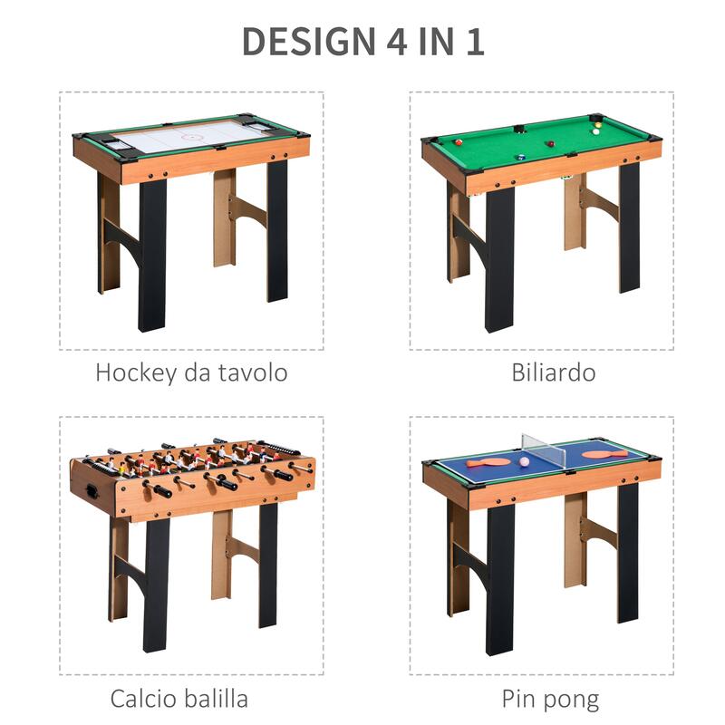 HOMCOM Tavolo Multigioco 4 in 1 con Calcio Balilla, Ping Pong, Biliardo e Hockey