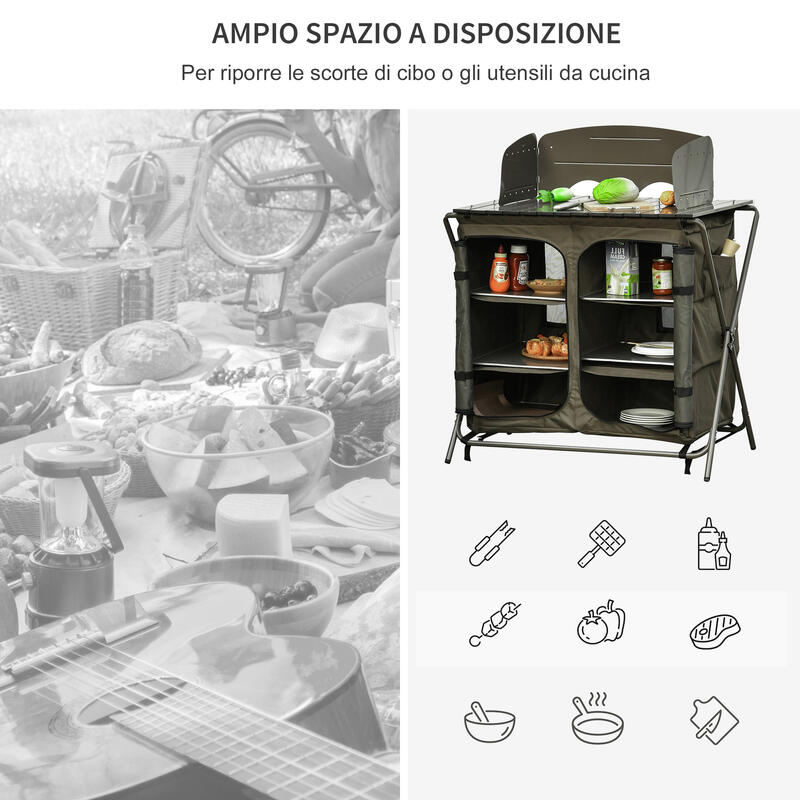 Outsunny Tavolino Cucina da Campeggio in Alluminio Pieghevole Verde, 94x57x109cm