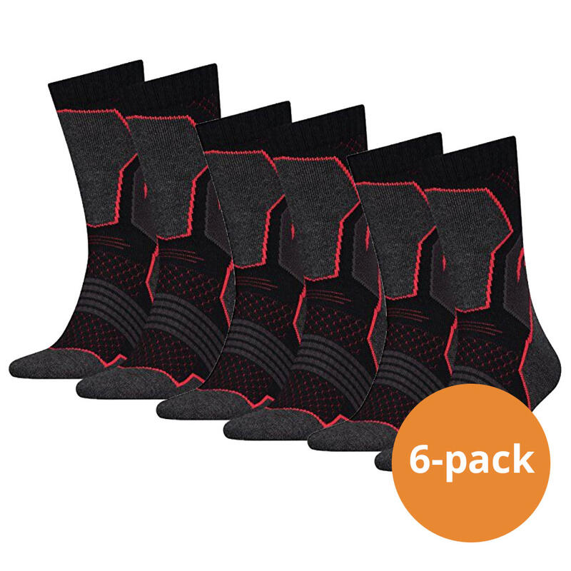 Lot de 6 paires de chaussettes de randonnée mi-mollet unisexes Noir/Rouge