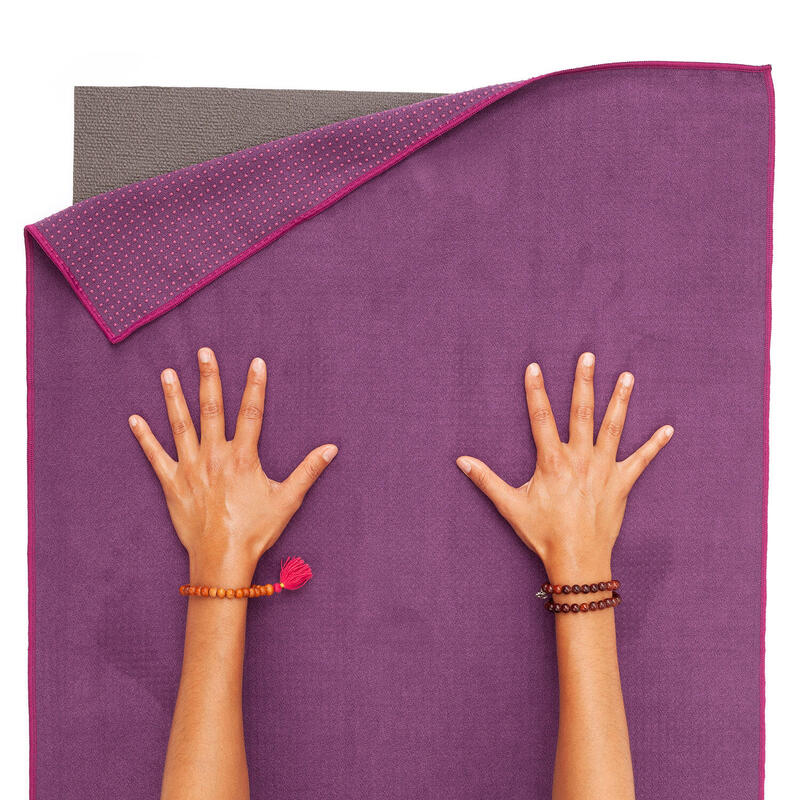 GRIP² Yoga Towel zweifarbig: grau mit Antirutschnoppen aubergine