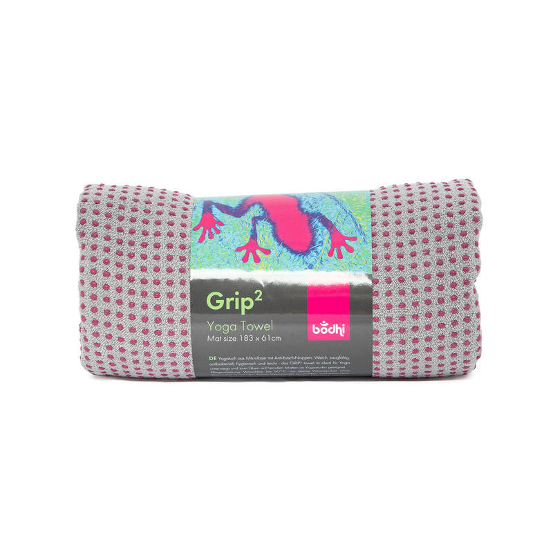 GRIP² Yoga Towel zweifarbig: grau mit Antirutschnoppen aubergine