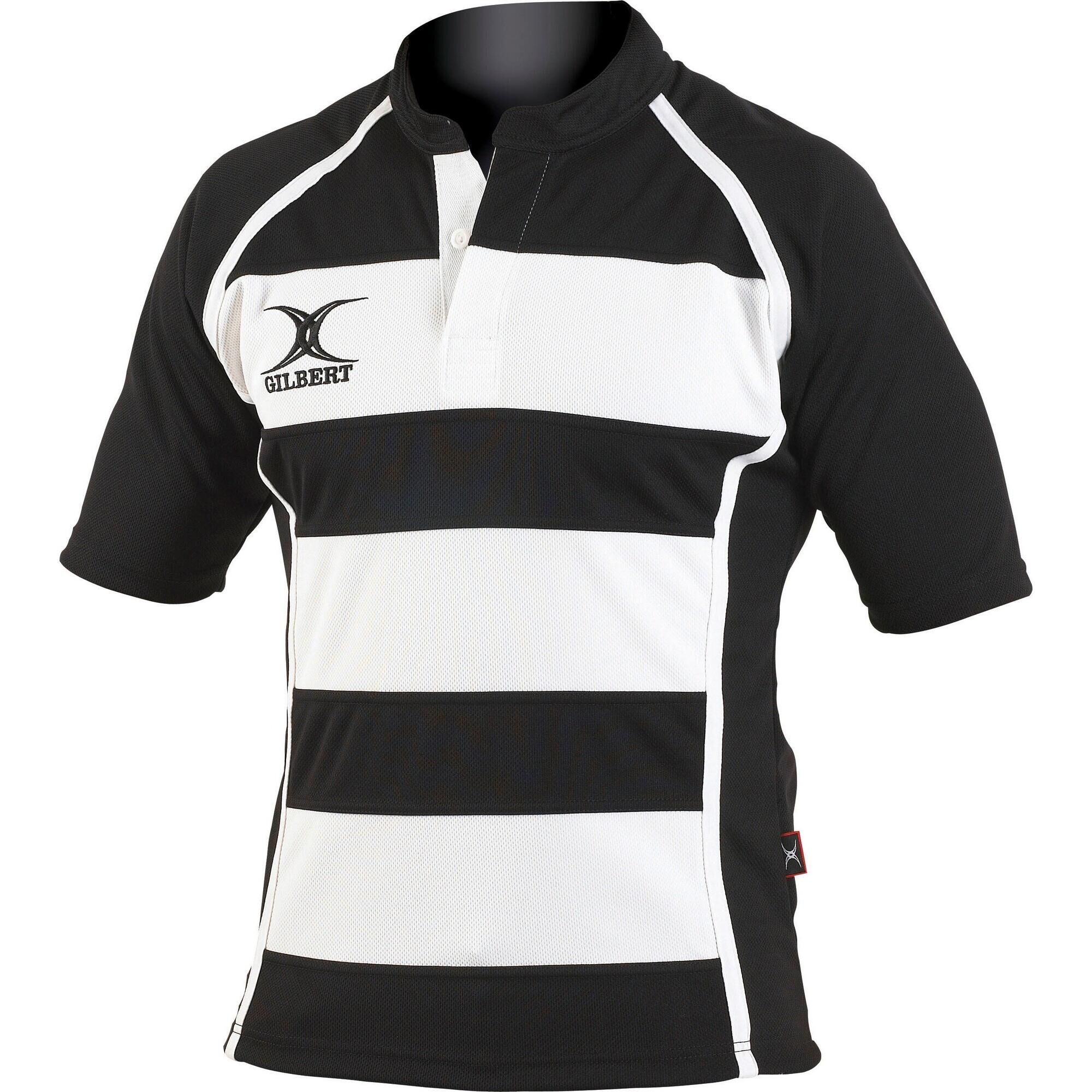 GILBERT Rugby Childrens/Kids Xact Match Short Sleeved Rugby Shirt (Black/ White Hoops)