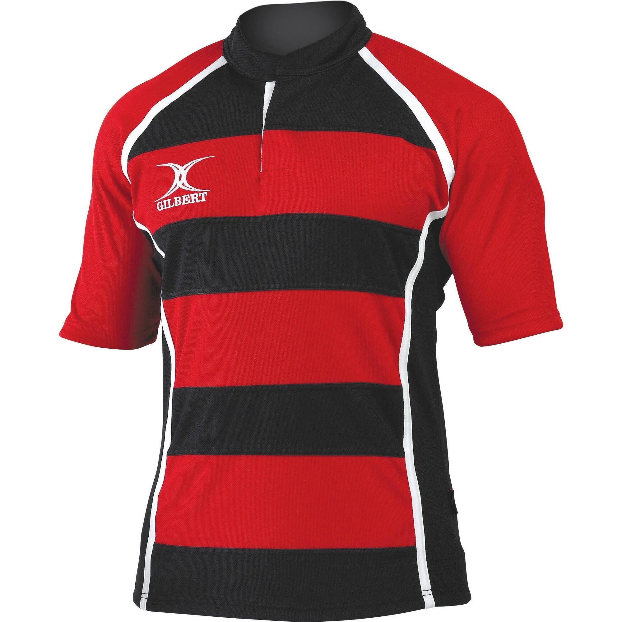 GILBERT Rugby Mens Xact Game Day Short Sleeved Rugby Shirt (Red/ Black Hoops)