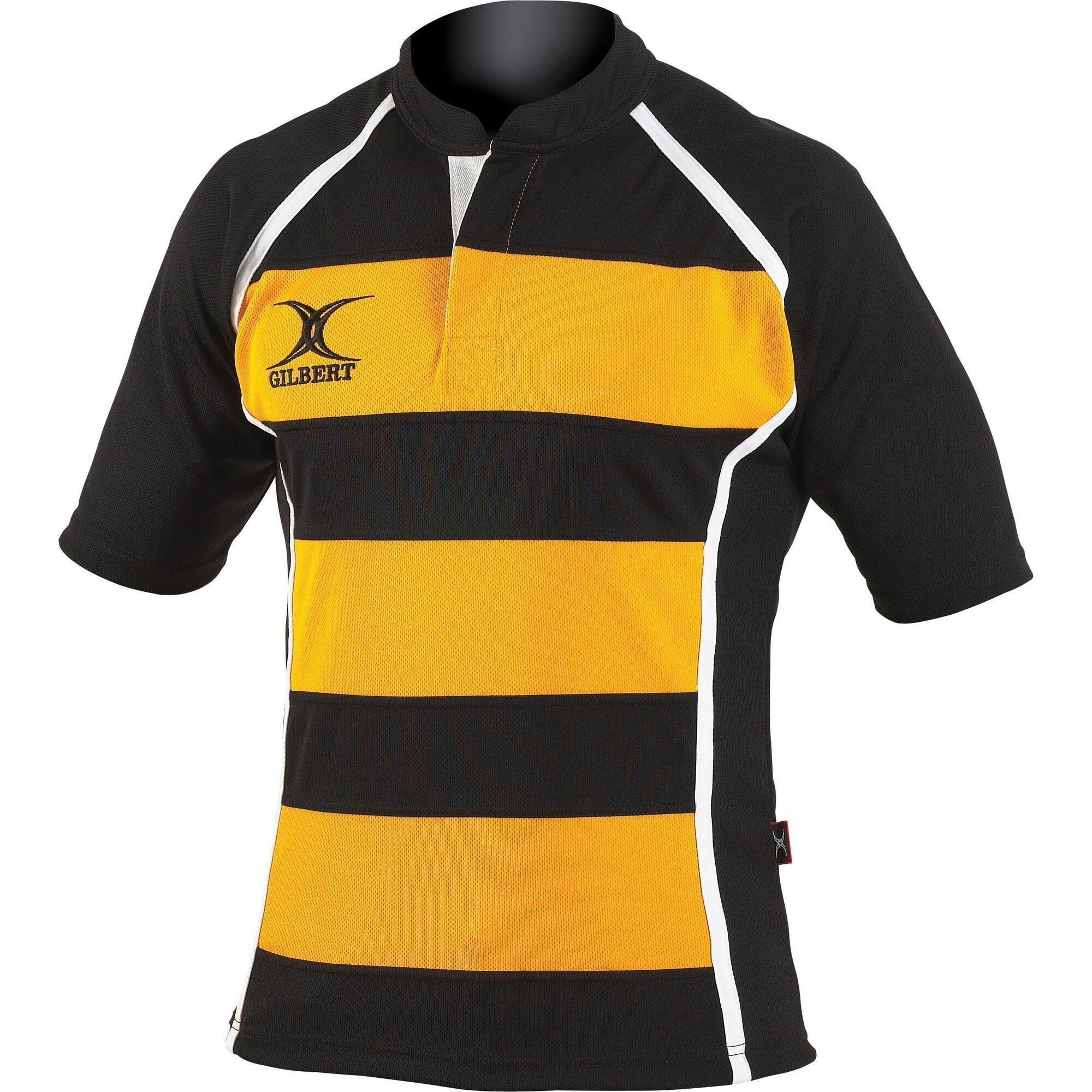 GILBERT Rugby Childrens/Kids Xact Match Short Sleeved Rugby Shirt (Black/ Amber Hoops)