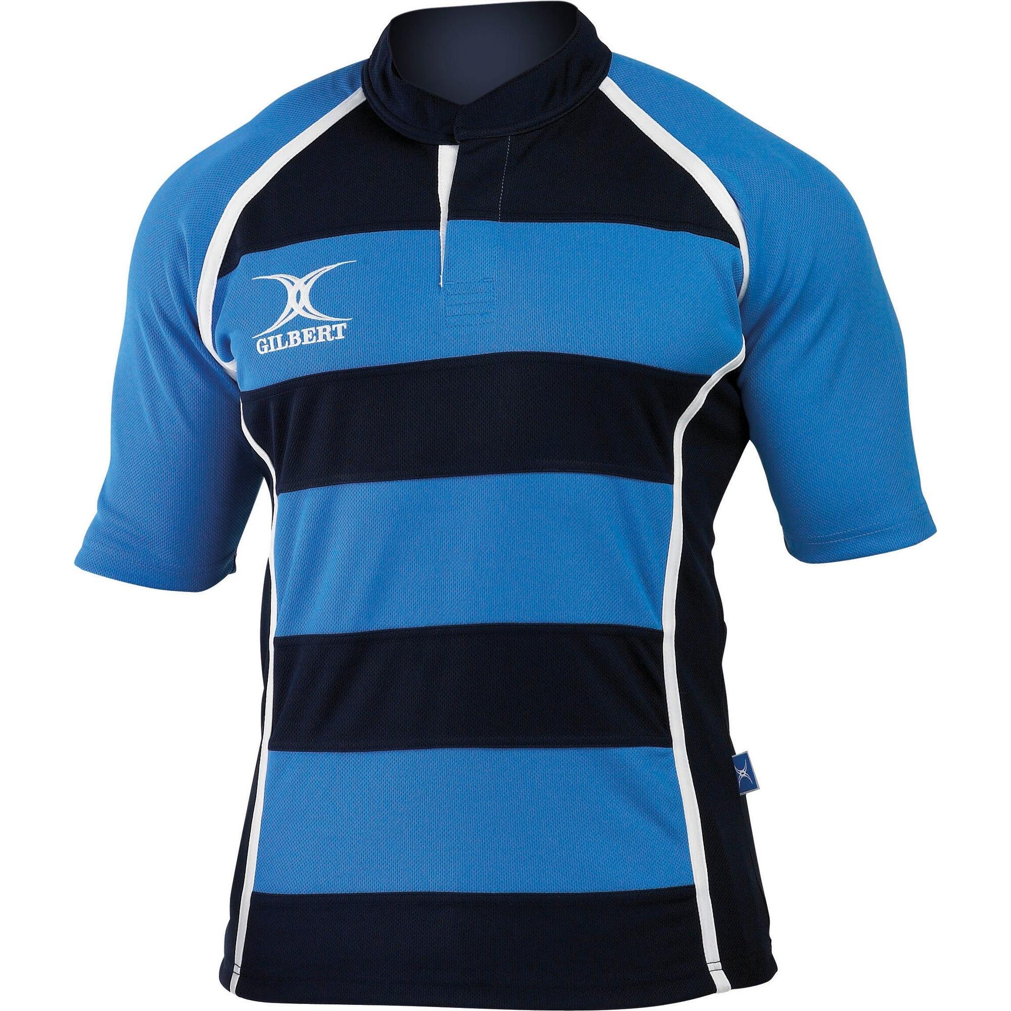 GILBERT Rugby Mens Xact Game Day Short Sleeved Rugby Shirt (Light Sky/ Navy Hoops)