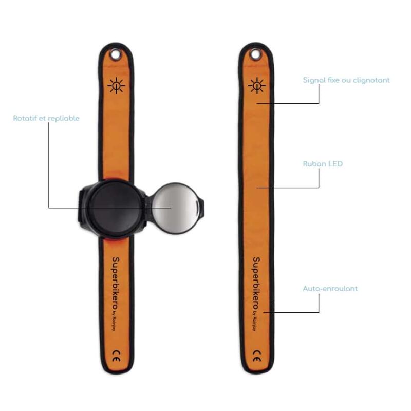 Deux bracelets lumineux avec 1 rétroviseur pour vélo ou trottinette