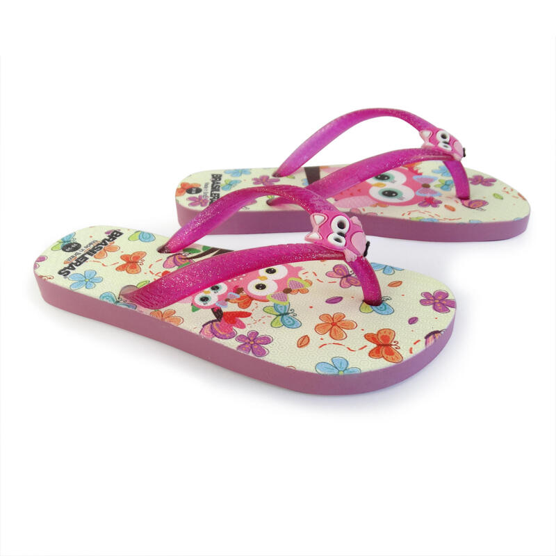 Strandslippers voor kinderen in fuchsiakleur met rubberen zolen