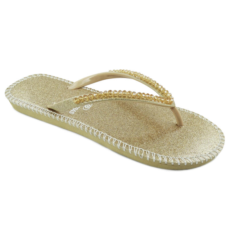 Strandslippers voor dames in goudkleur met rubberen zolen