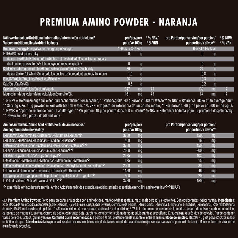 Premium Amino Intra Workout Powder, Laranja, 800g